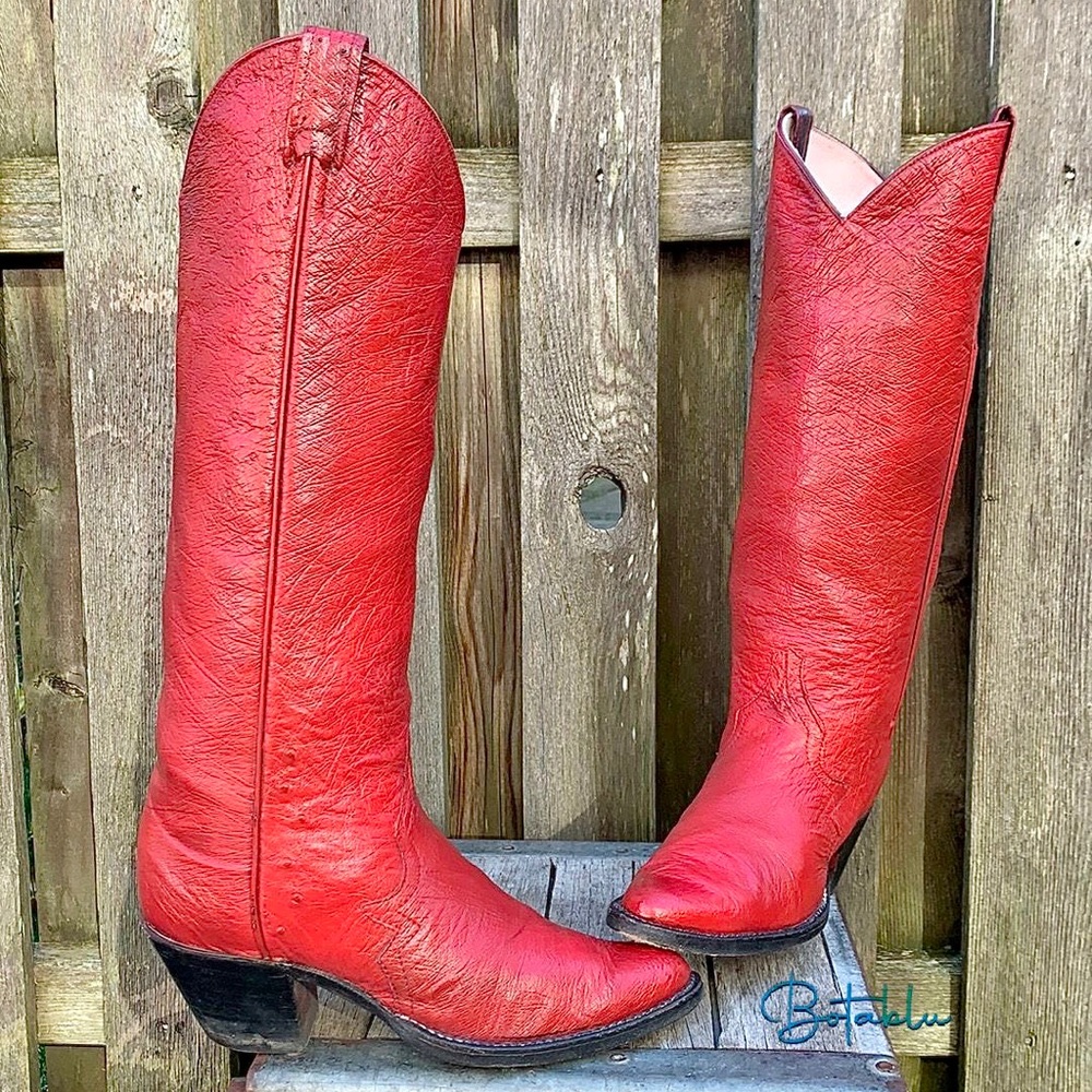 LARRY MAHAN VTG Ostrich Exotic Tall Knee High Red Painted Cowboy Western Boots - Picture 12 of 13